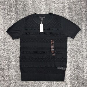 NEW Banana Republic Factory Womens Size Small Black Ruffle Knit Short Sleeve Top